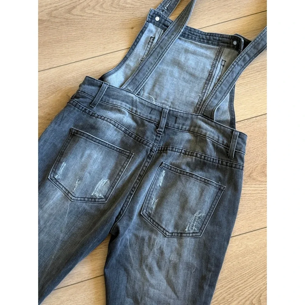 Free People Gray Denim Overalls Slim Tapered Distressed Bib Dungarees Gray